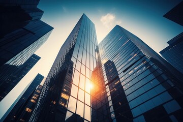 Wall Mural - Low angle image of typical contemporary office towers, tall structures with glass facades. financial and economic foundation concepts. Generative AI 