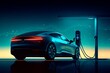 A silhouette of an EV electric car with a low battery charge at an electric charging station is seen. Generative AI 