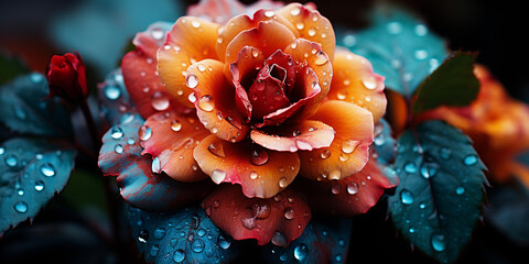 Wall Mural - Vibrant flowers with dewdrops on petals against a dark background.