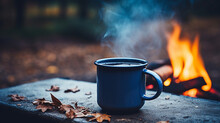 Blue Enamel Cup Of Hot Steaming Coffee Sitting On An Old Log By An Outdoor Campfire.