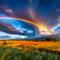  A vibrant rainbow stretching across the sky after a passing storm