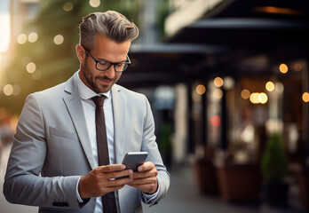 Wall Mural - Businessman networking typing an sms message in city street. Generative AI.