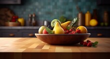 Still Life Of Colorful Fruits Arranged In A Wooden Bowl On A Table. Generative AI 