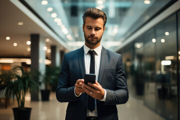 Aufkleber - Male professional holding a mobile phone in an office. Generative AI.