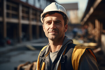 Poster - Portrait architecture man wearing uniform on home reconstruction. Generative AI.