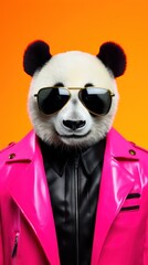 Wall Mural - Portrait photorealistic of anthropomorphic fashion Panda isolated on solid neon background. Creative animal concept. 