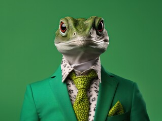 Portrait photorealistic of anthropomorphic fashion Salamander isolated on solid green background. Creative animal concept. 