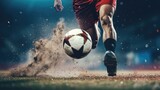 Fototapeta Sport - Soccer player kicks a ball closeup. Dynamics of a football match. AI Generated
