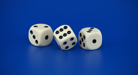 Gaming scene with three dice on blue background