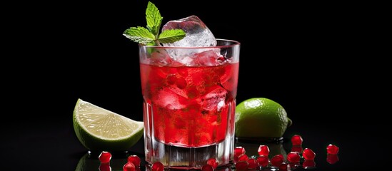 Poster - Mint garnished cocktail with cranberry and pomegranate, served with ice cubes. Focus on the details.