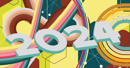 Poster - Retro 70s Background with the number 2024 cartoon. Groovy holiday 1970s art template animation. Minimalistic Vintage design video. Old-fashioned color artwork.