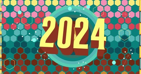 Poster - Retro 70s Background with the number 2024 cartoon. Groovy holiday 1970s art template animation. Minimalistic Vintage design video. Old-fashioned color artwork.