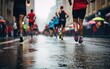 © piai - Crowd of sports people running outdoors marathon on rainy day