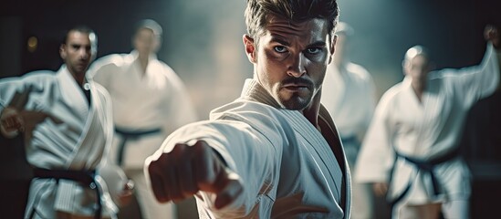 Men engaging in karate training at fitness studio, practicing fight club workout at gym and studying dojo moves as exercise at sports center. Physically active individuals displaying strength, fitness