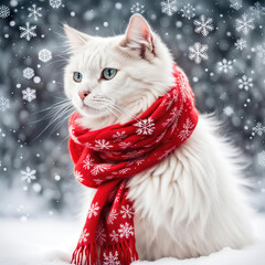 Canvas Print - Close-up of a fluffy white cat wearing a red winter scarf with snowflakes 