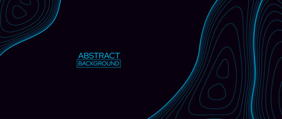 Neon blue abstract line background. Topographic contour map concept. Linear terrain outline pattern. Geographic design template wallpaper for poster, banner, print, booklet. Vector illustration