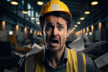 Poster - Crying health and safety employee in an industry. Generative AI.