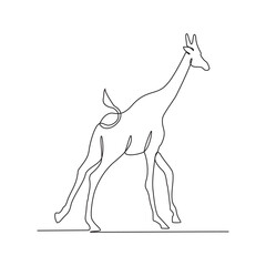 Wall Mural - One continuous line drawing of a giraffe in the vast savanna is looking for food vector illustration. Animal activity vector design illustration.