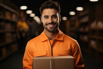 Poster - Delivery man in orange clothes holding a large box. Generative AI.