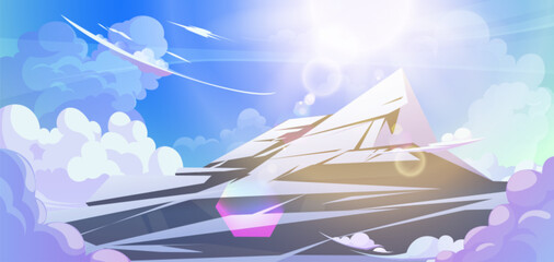 Wall Mural - snowy mountain top above clouds against blue sky with sun. cartoon vector illustration landscape of 
