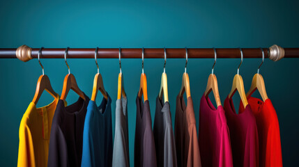 Wall Mural - Colorful clothes hanging on a wooden hanger. Clipping Path included.