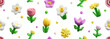© sabelskaya - Seamless pattern with plasticine spring flowers, vector 3D clay texture blossom tulip, chamomile, daffodil with leaves