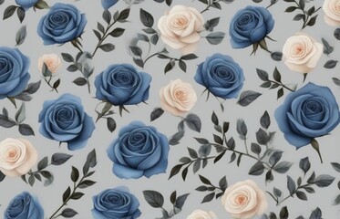 Wall Mural - seamless pattern with flowers,  blue and white rose flowers in a floral arrangement isolated on white from AI Generated