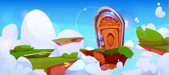 Wall Mural - Floating island with wooden door in sky. Vector cartoon illustration of pieces of land flying in heavenly cloudscape, magic portal to fantasy world, adventure game platforms, entrance to new level