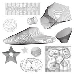 Poster - Abstract wireframe figure drawings set isolated on white background. Vector illustration of 3D grid symbols, y2k mesh globe, star, cone, torus, landscape structure, terrain pattern model design