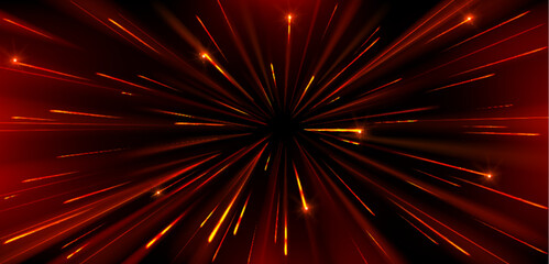 Poster - High speed warp of red light with radial burst. Realistic vector illustration of space travel pattern with neon glowing effect. Fantasy explosion or motion circular perspective tunnel in hyperspace.