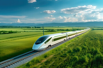 Aerial view of a modern high speed train moving in sunny weather between fields