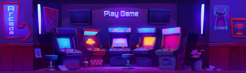 Retro night club with game machines. Vector cartoon illustration of dark play zone interior design, old arcade cabinets with buttons and console joystick, 80s vintage pinball equipment, poster on wall