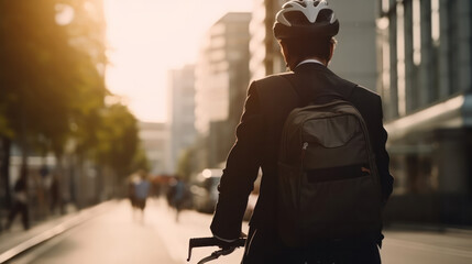 businessman commuter with electric bicycle traveling to work in city.