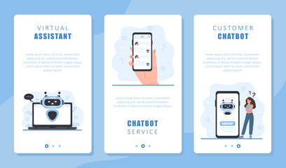 Wall Mural - chatbot service set. mobile backgrounds. woman talking with robot. ai assistant. online customer sup