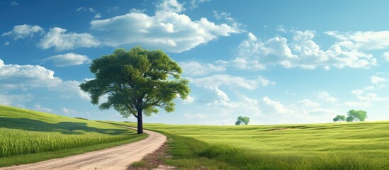 Canvas Print - Rural roadway with fields, a tree, and clear sky.