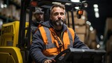 Fototapeta  - Driving man in worker uniform works on a forklift in a large warehouse