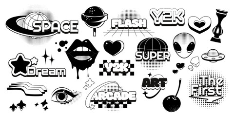 Poster - black and white y2k stickers set isolated on background. vector illustration of abstract retro art i