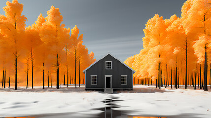 Wall Mural - A gray house in a field - orange trees to either side - winter - snow on the ground - dusting 