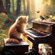 a little cat playing the piano in the woods where birds chirp