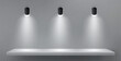 © klyaksun - Spot led lamp light on shelf. Vector realistic illustration of product presentation showroom, museum exhibition, shop window, empty platform for advertising, modern fashion gallery wall template