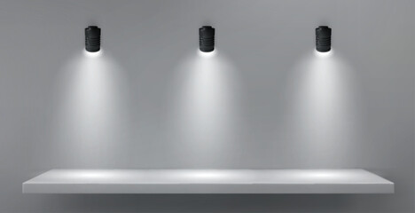 Poster - Spot led lamp light on shelf. Vector realistic illustration of product presentation showroom, museum exhibition, shop window, empty platform for advertising, modern fashion gallery wall template