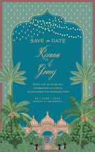 Mughal Invitation Card Design With Mughal Temple, Peacock, Tropical Trees, And Flowers Vector Illustration.