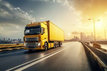 Wall Mural -  a yellow semi truck driving down a highway with a city skyline in the background of the picture.