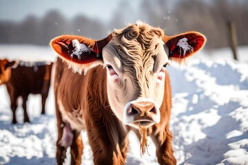 Wall Mural - cow in snow