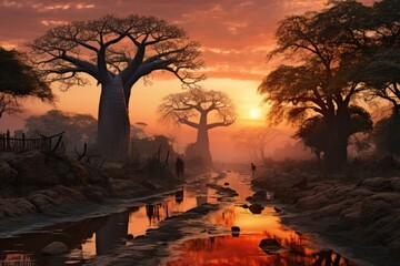 Wall Mural -  a painting of a sunset with a river running through the middle of it and trees on both sides of the river.