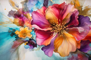   a painting of a colorful flower on a white and blue background with a yellow center and a yellow center in the middle of the flower.