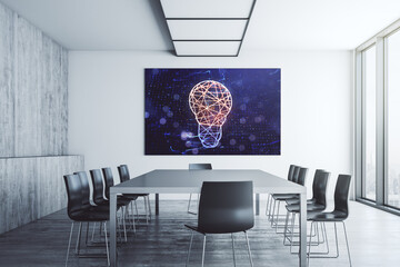 Aufkleber - Creative light bulb hologram on presentation tv screen in a modern meeting room, research and development concept. 3D Rendering