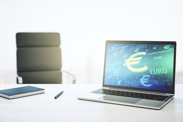 Aufkleber - Creative EURO symbols sketch on modern laptop monitor, strategy and forecast concept. 3D Rendering