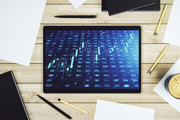 Poster - Modern digital tablet monitor with abstract creative statistics data hologram, statistics and analytics concept. Top view. 3D Rendering