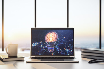 Aufkleber - Creative idea concept with light bulb and human brain illustration on modern laptop screen. Neural networks and machine learning concept. 3D Rendering